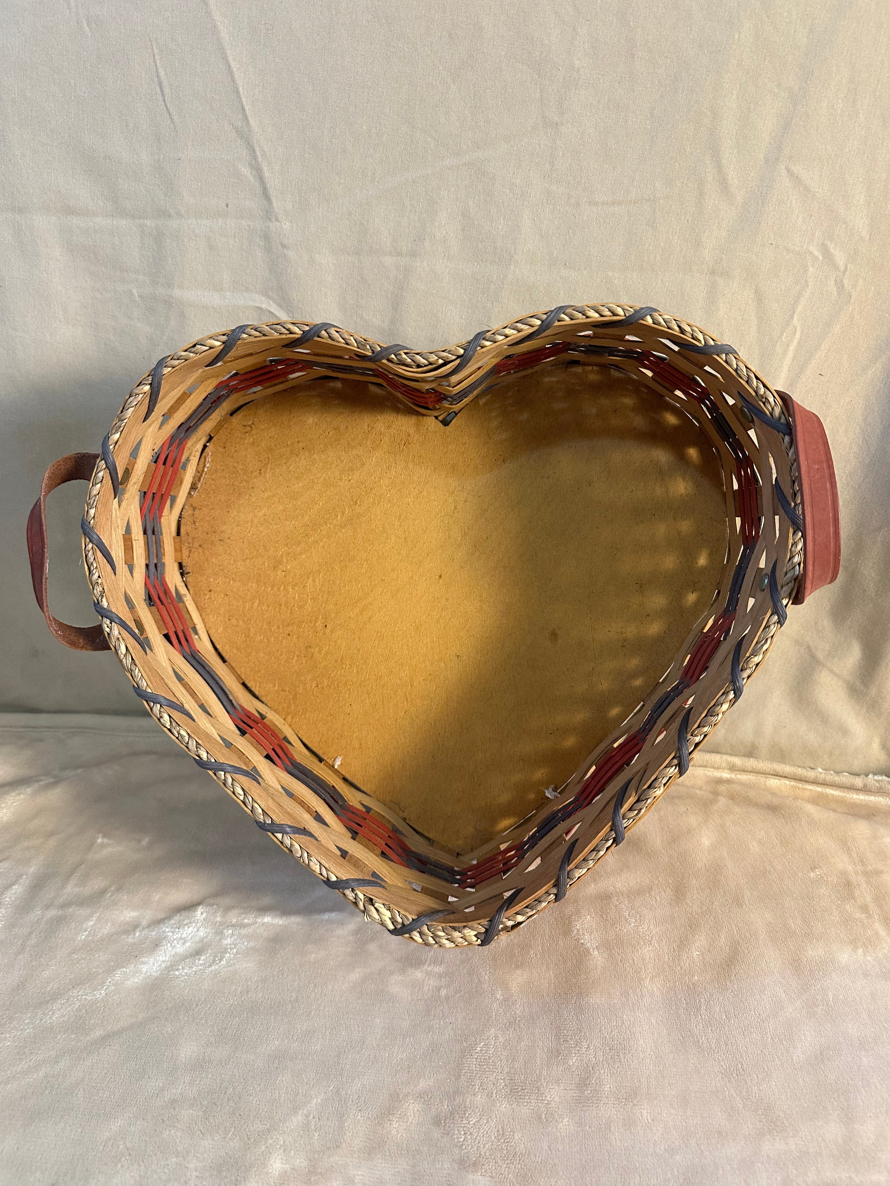 Large Heart Basket with leather handles and solid base